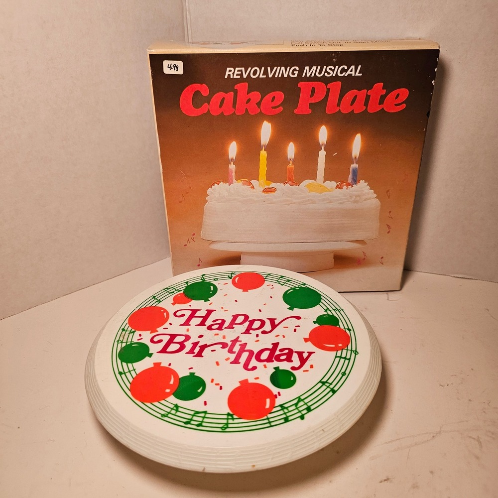 Vintage Revolving Musical Cake Plate Happy Birthday Rotating Stand Wind Up Box